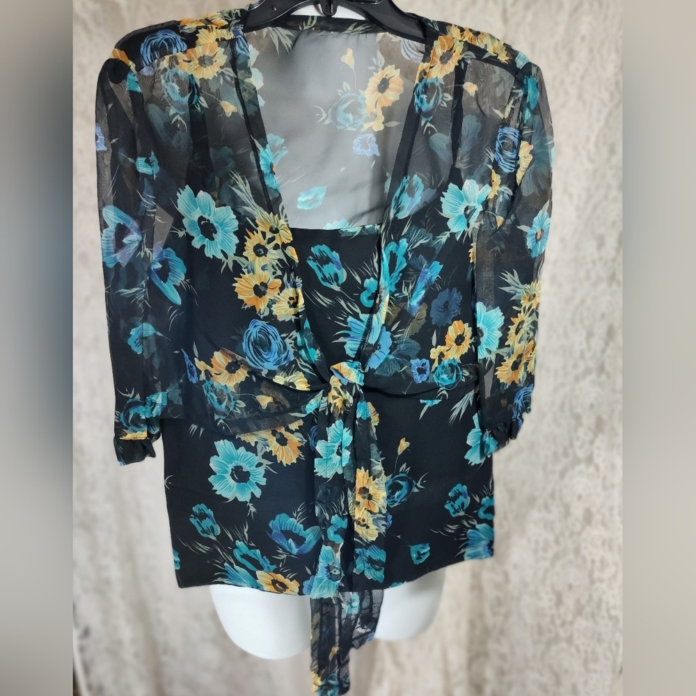 Floral Sheer Black and Blue Women's Top And Camisole Set Hand Crafted